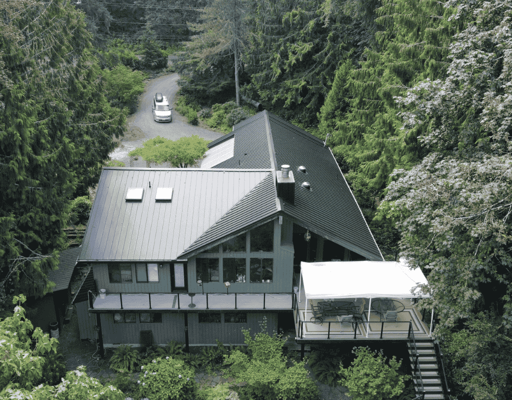 Aerial view of commercial roofing project completed in Springfield OR by Pressure Point Roofing Eugene