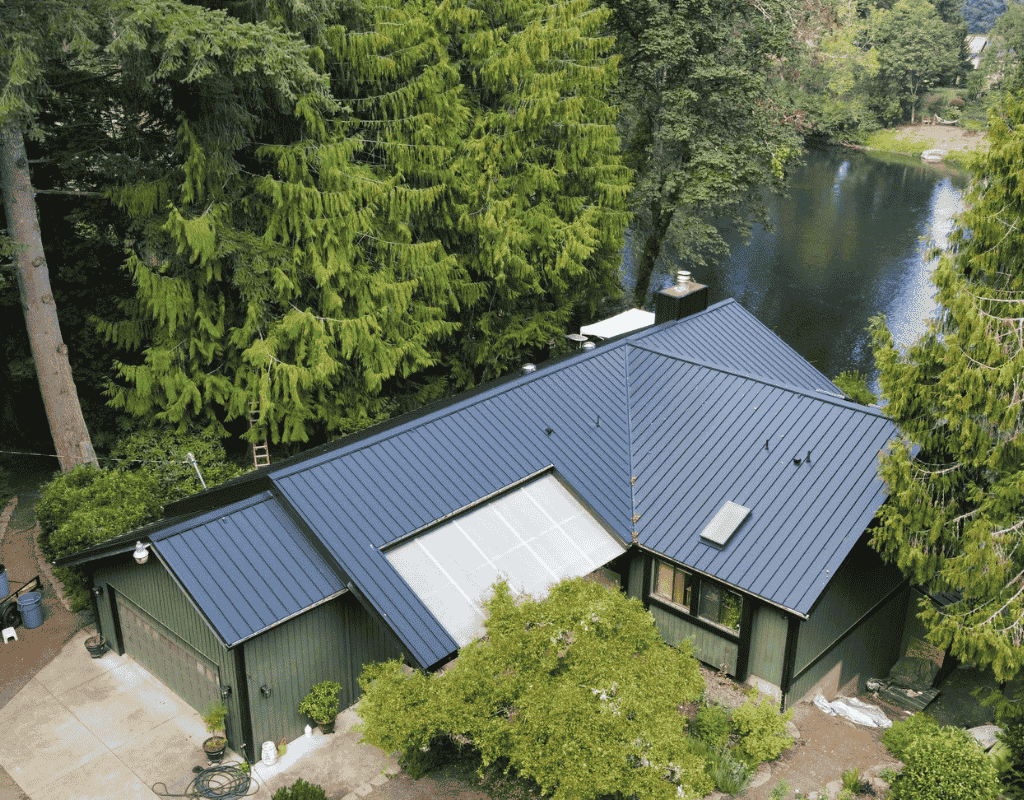 Aerial view of residential roofing project in Springfield OR completed by Pressure Point Roofing Eugene LLC