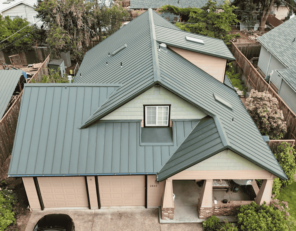 Aerial view of residential roof repair project in Springfield OR by Pressure Point Roofing Eugene
